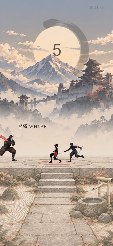Renzy in the game on a phone: a brush circle around the kill counter 5 in front of a moon, a masked heavy running in from the left and a masked swordsman from the right, with timing rings on the stone ground and a whiff flash reading 空振 WHIFF.