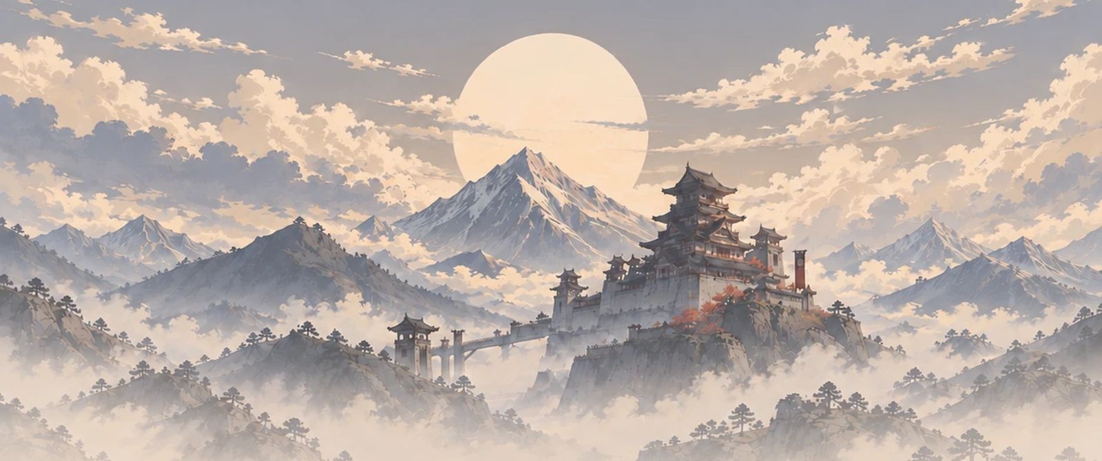 A misty mountain range at dusk with a pale moon above a castle on a rock, and a stone terrace with stairs and a zen garden below.