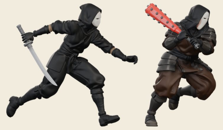 Two masked enemies in dark hoods: a lean one running with a sword, and a heavier armored one carrying a spiked red club.