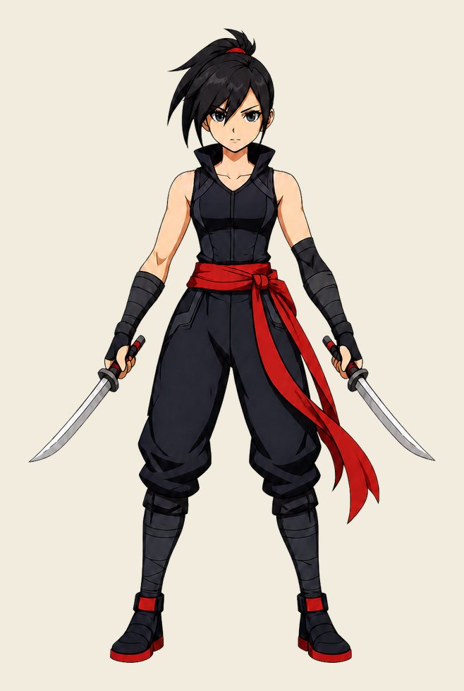 Concept art of Renzy standing front on: black sleeveless top, dark trousers, a red sash and red-soled boots, a short blade in each hand.