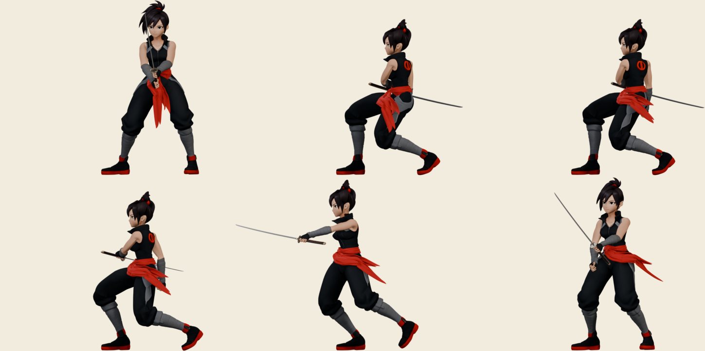 Six frames of Renzy's left strike: a guard stance, a low coil with the sword drawn back, and the sword extended to the left at contact, then recovery.